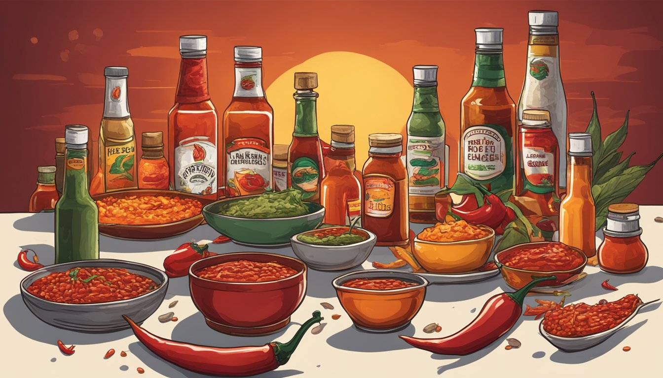 A table set with various hot sauce bottles, some open, with a fiery background and chili peppers scattered around