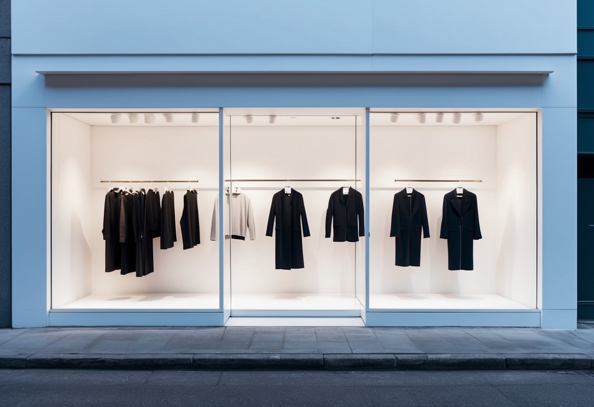 A clean, white storefront with sleek, simple clothing displayed in minimalistic fashion