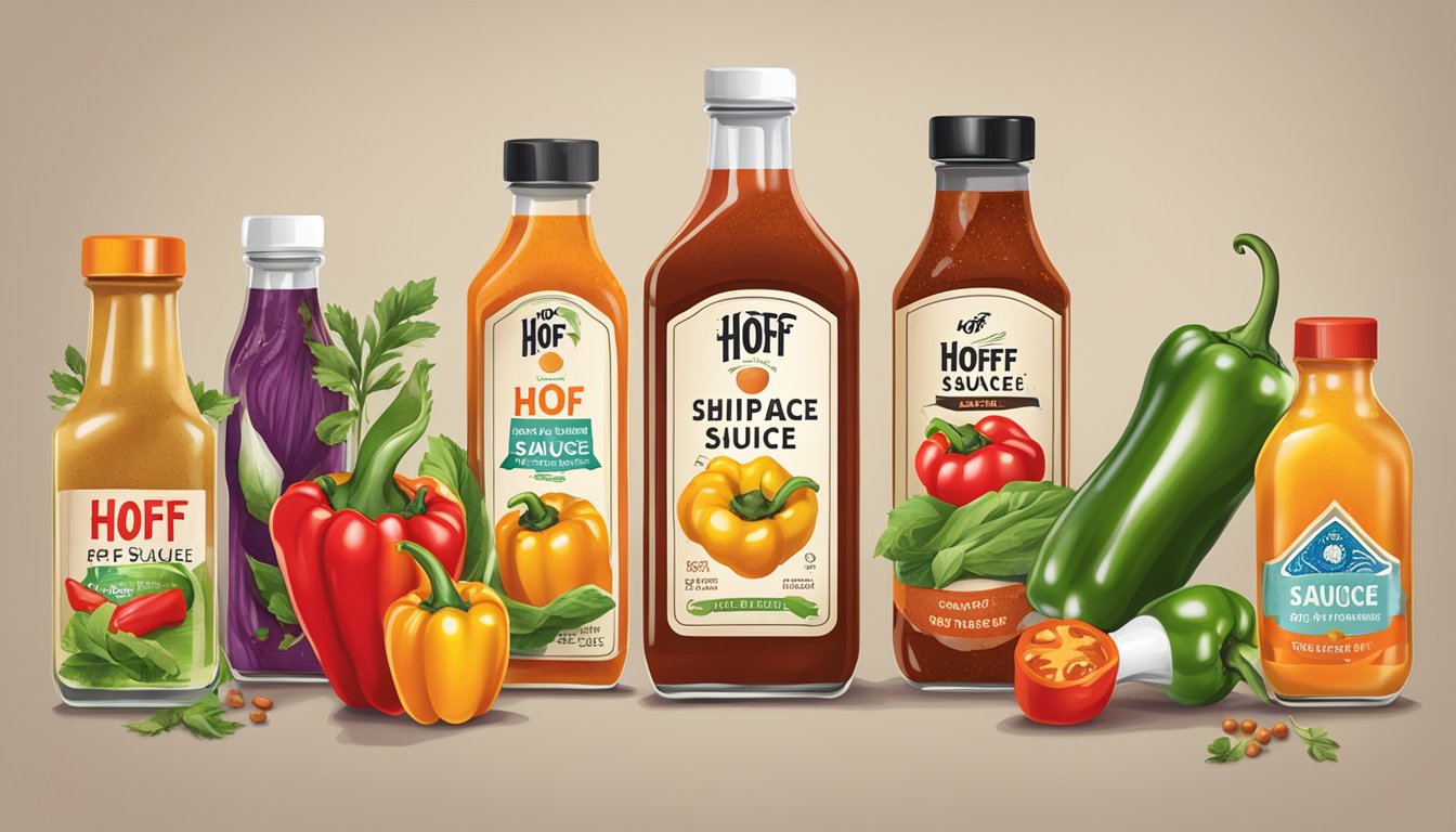 A variety of ingredients including peppers, vinegar, and spices arranged around bottles of Hoff Sauce