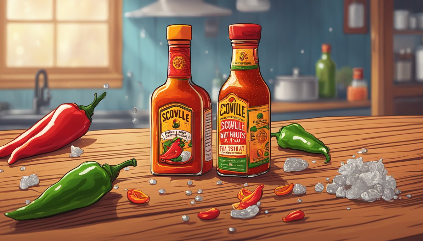 A bottle of Scoville Heat Units Hot Ones hot sauce sits on a wooden table, surrounded by fiery red chili peppers and droplets of sweat