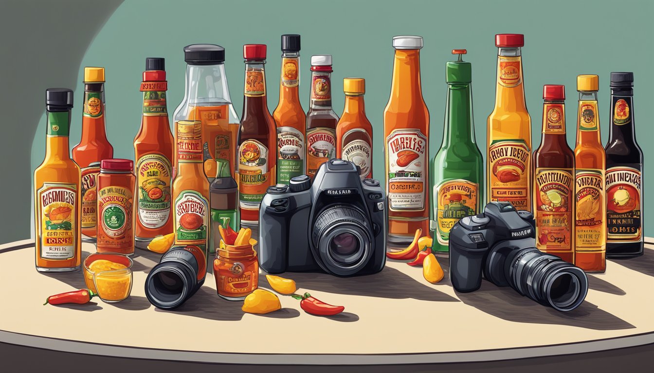 A table set with various bottles of Hot Ones hot sauce, surrounded by cameras and lights