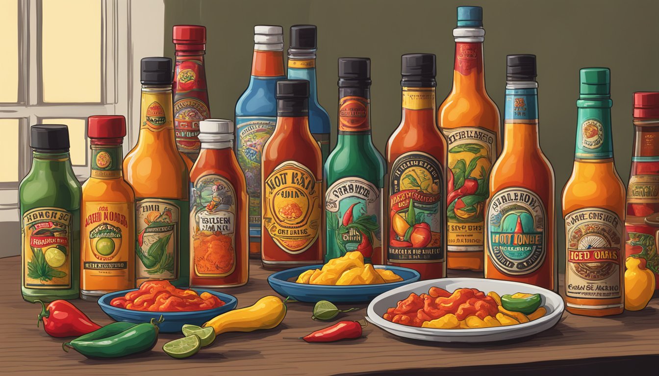 A table with various Hot Ones merchandise and bottles of hot sauce