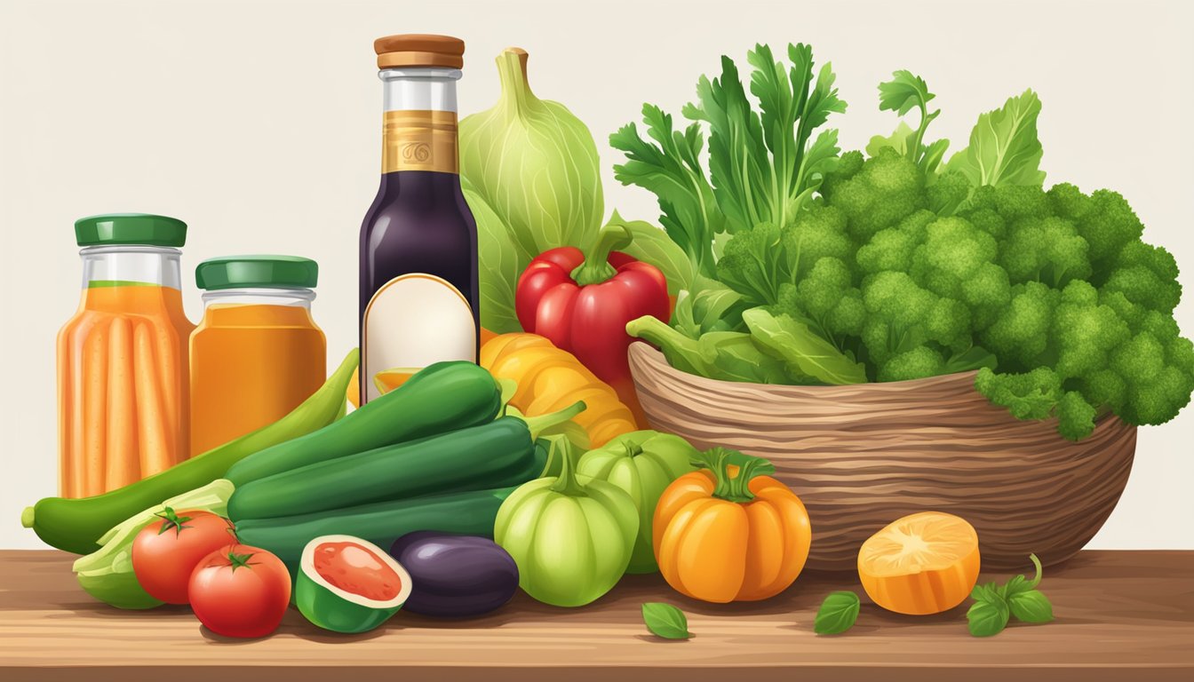 A table with fresh vegetables, fruits, and a bottle of Hoff Sauce