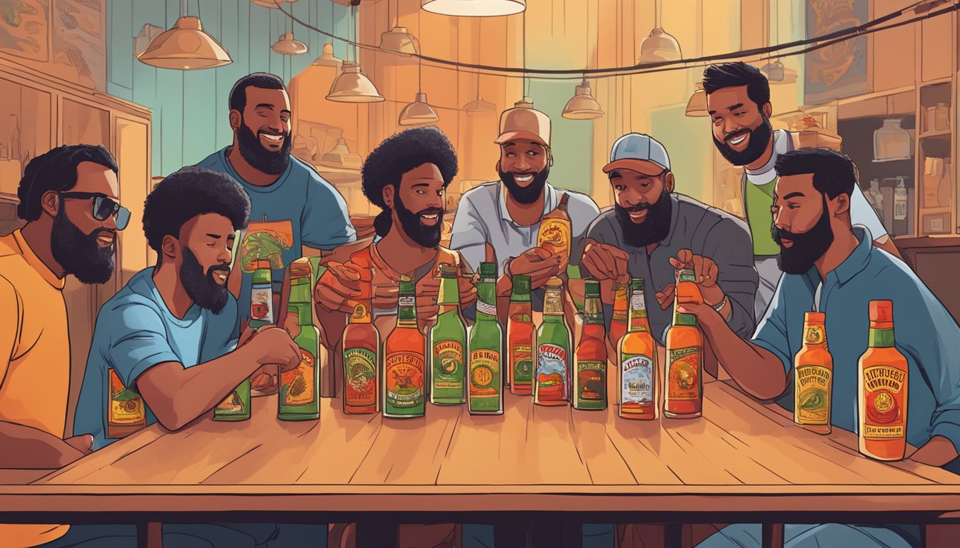 A group of fans gather around a table covered in bottles of Hot Ones hot sauce, eagerly tasting and discussing their favorite flavors