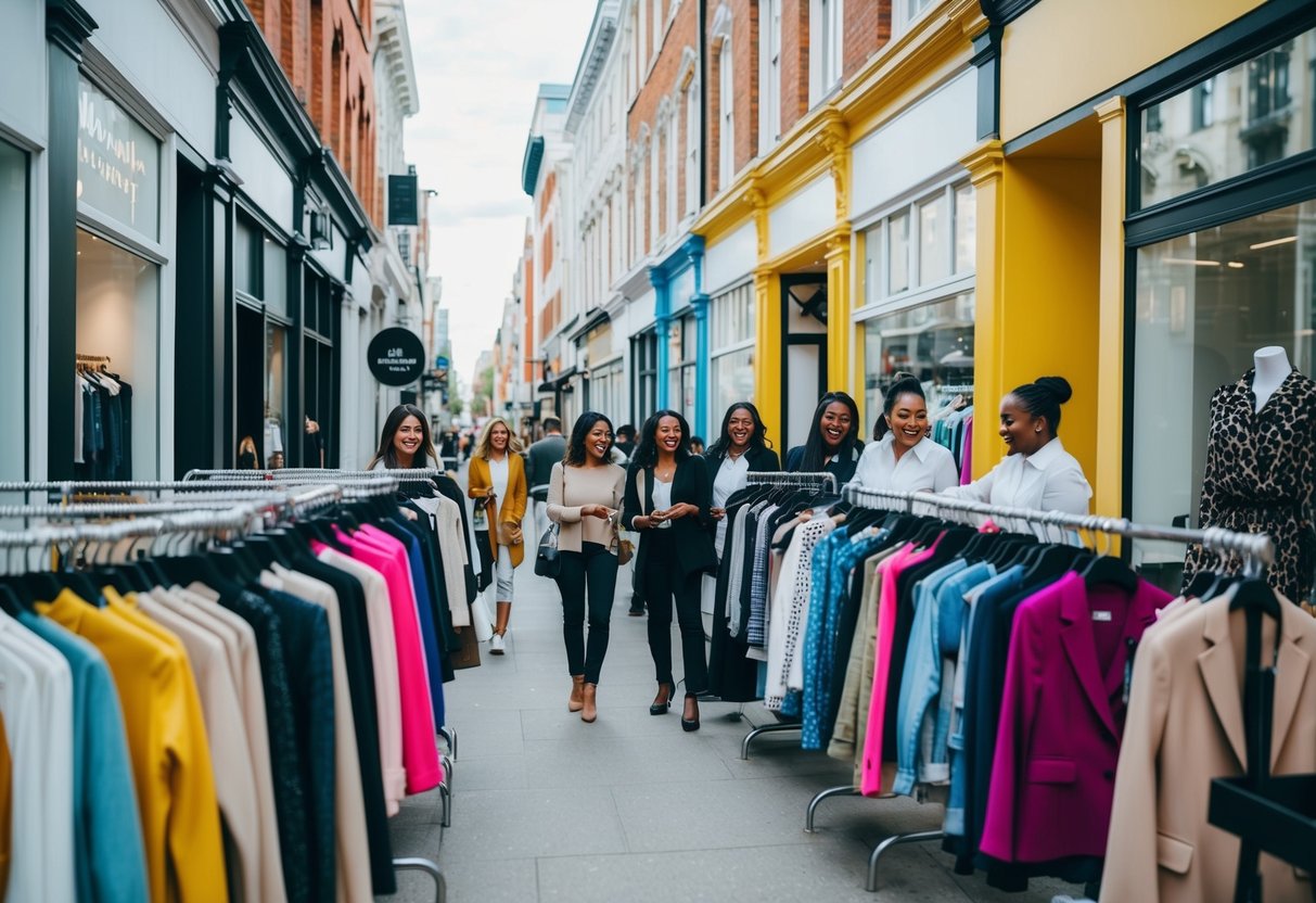 A bustling city street lined with colorful storefronts showcasing trendy clothing at affordable prices. Shoppers browse racks of stylish garments, while cheerful sales associates assist customers