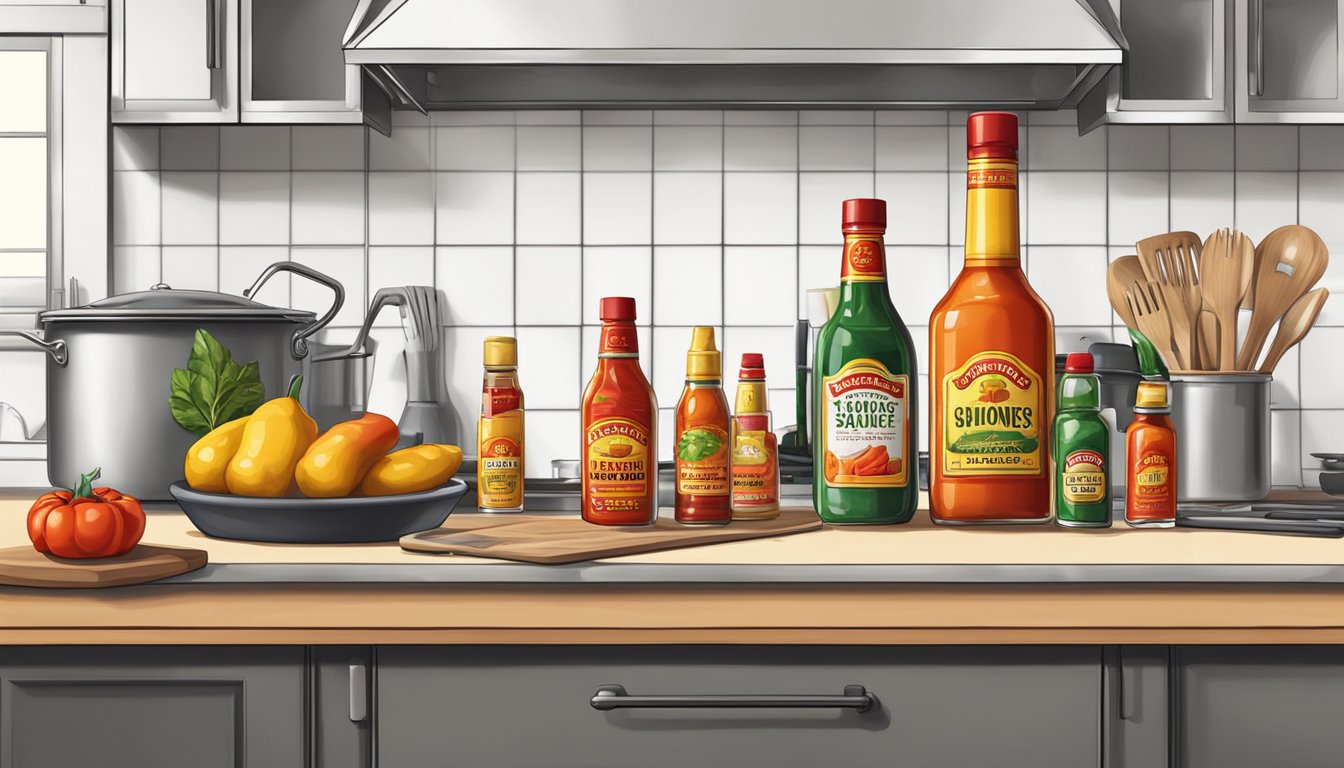 A kitchen counter with various bottles of Hot Ones hot sauce and cooking utensils