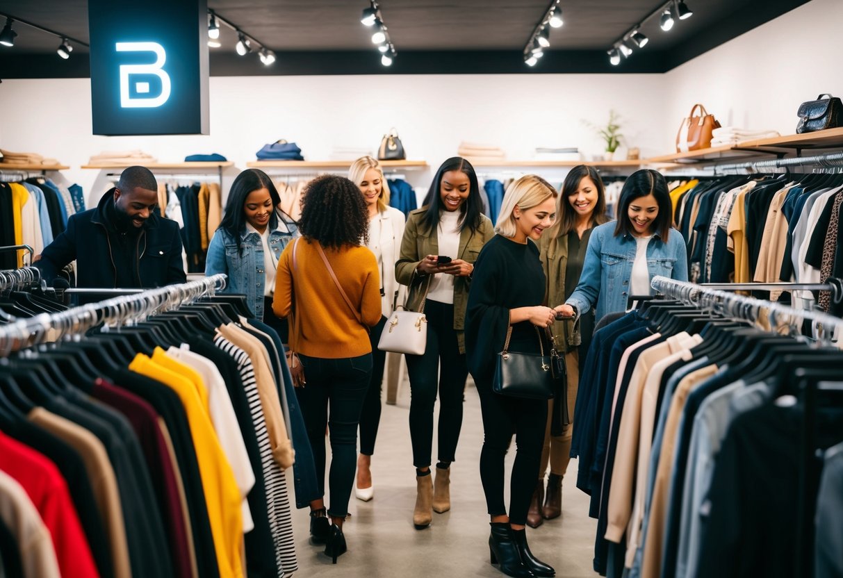 A diverse group of people browsing through racks of stylish, budget-friendly clothing in a trendy, well-lit store