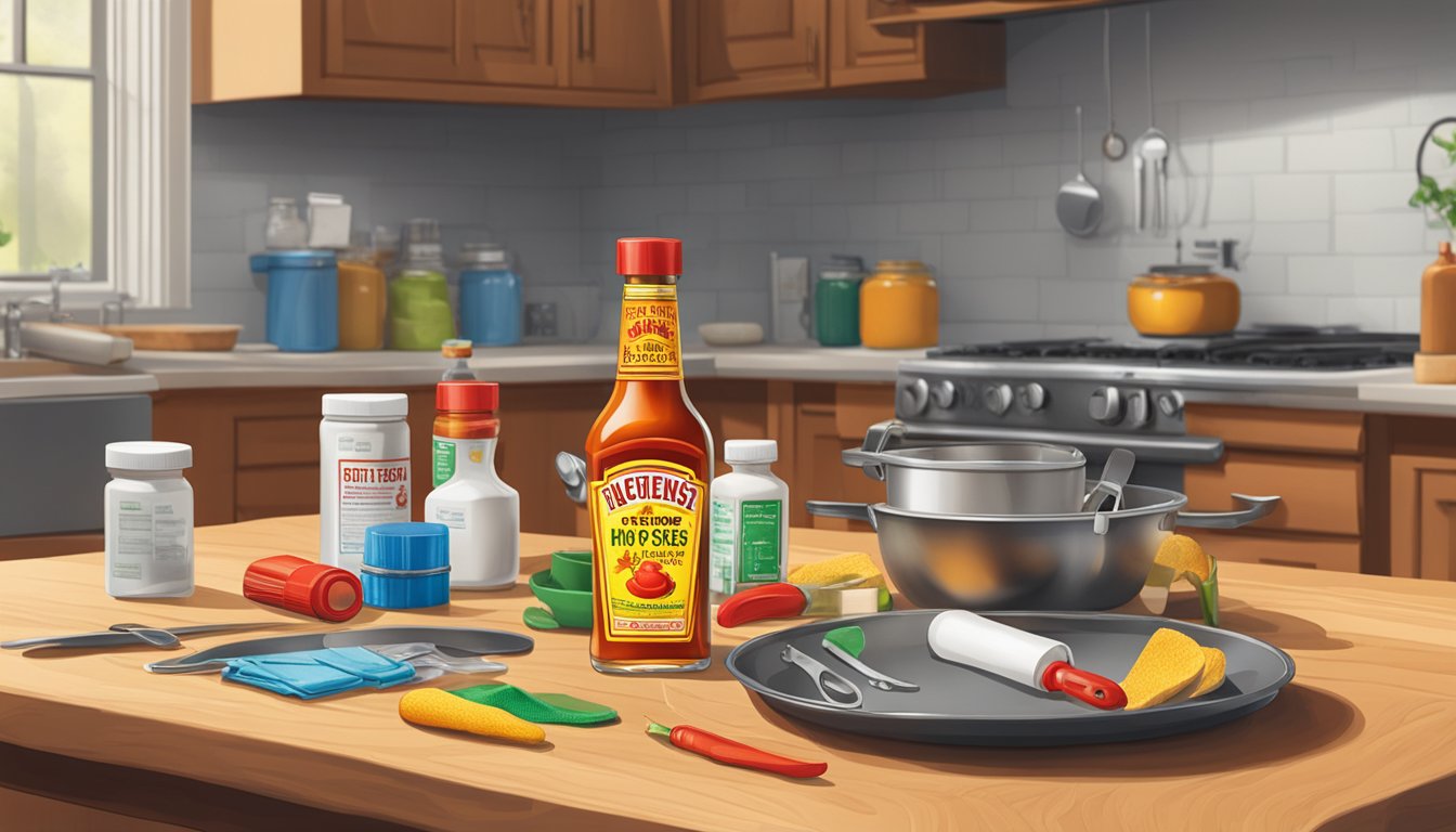 A kitchen table with a bottle of Hot Ones hot sauce, surrounded by safety gloves, goggles, and a first aid kit