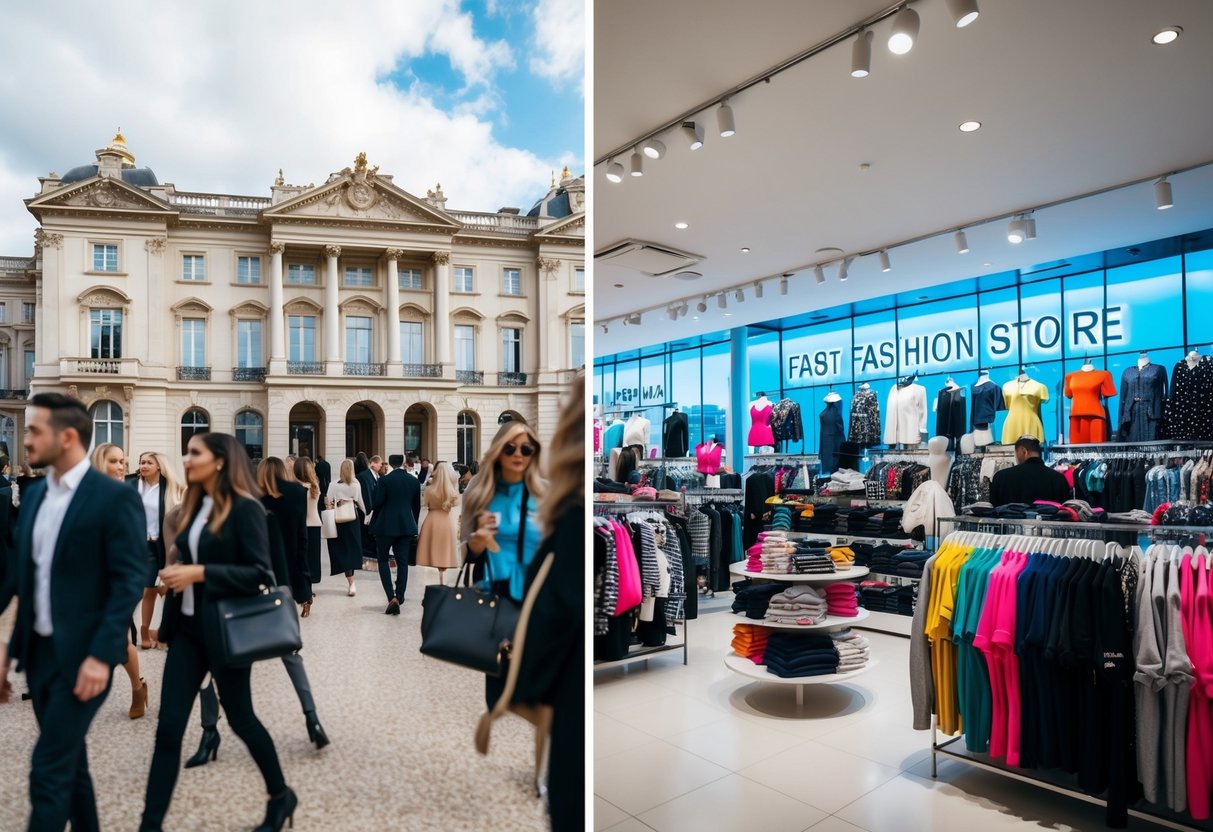 A lavish, opulent mansion contrasts with a bustling, crowded fast fashion store. The mansion exudes elegance and exclusivity, while the store is filled with trendy, mass-produced clothing