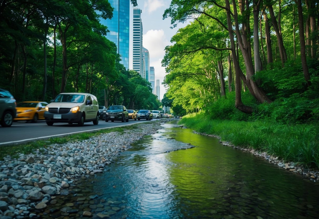 A lush forest with a clear stream, contrasting with a polluted, overcrowded city street