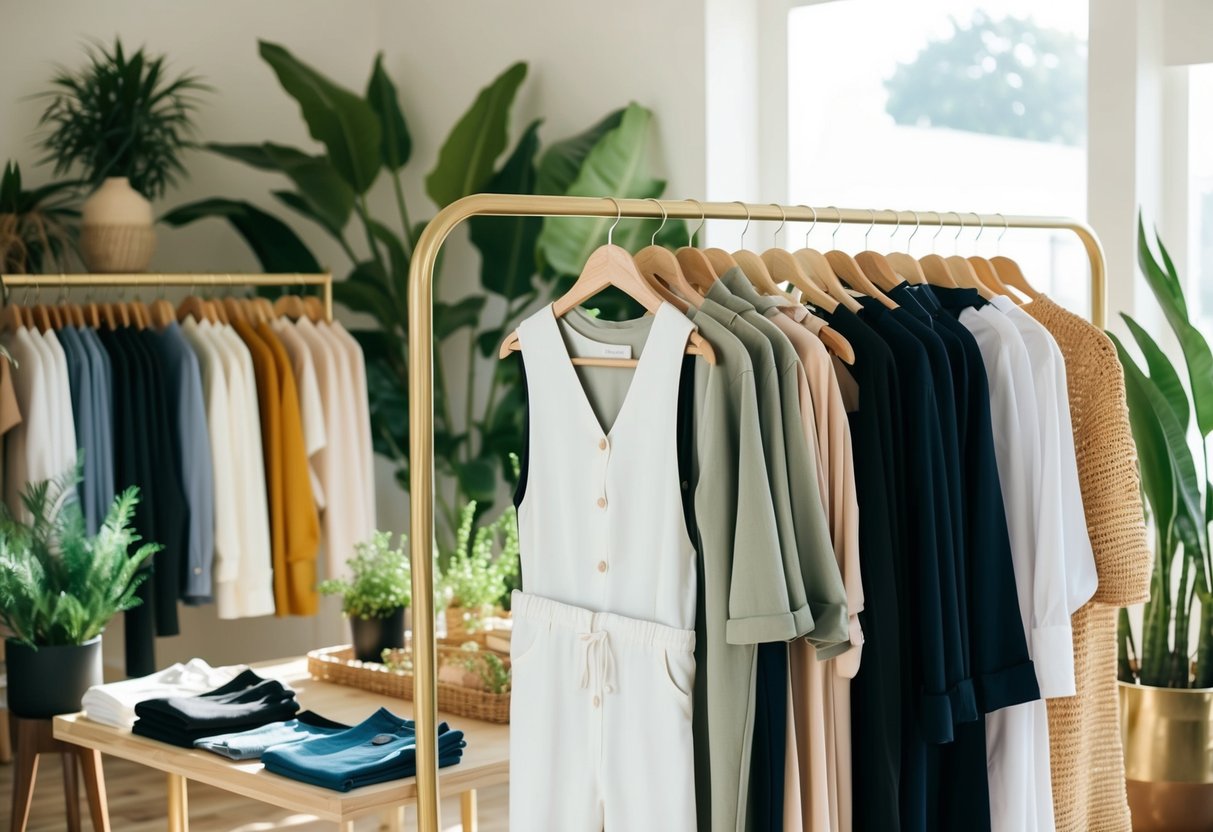 A rack of eco-friendly clothing from top sustainable fashion brands, displayed in a sunlit boutique with plants and natural materials