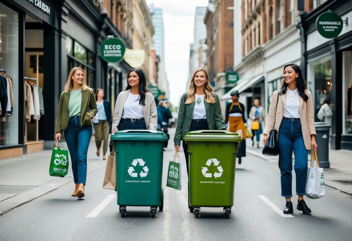 A bustling city street with eco-friendly clothing stores, recycling bins, and people wearing sustainable fashion