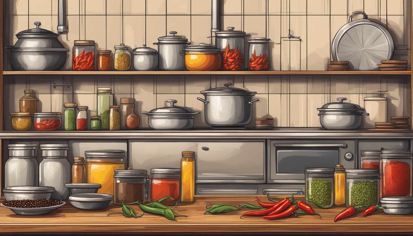 A rustic kitchen with shelves of chili peppers, vinegar, and spices. A pot simmers on the stove, emitting a tantalizing aroma