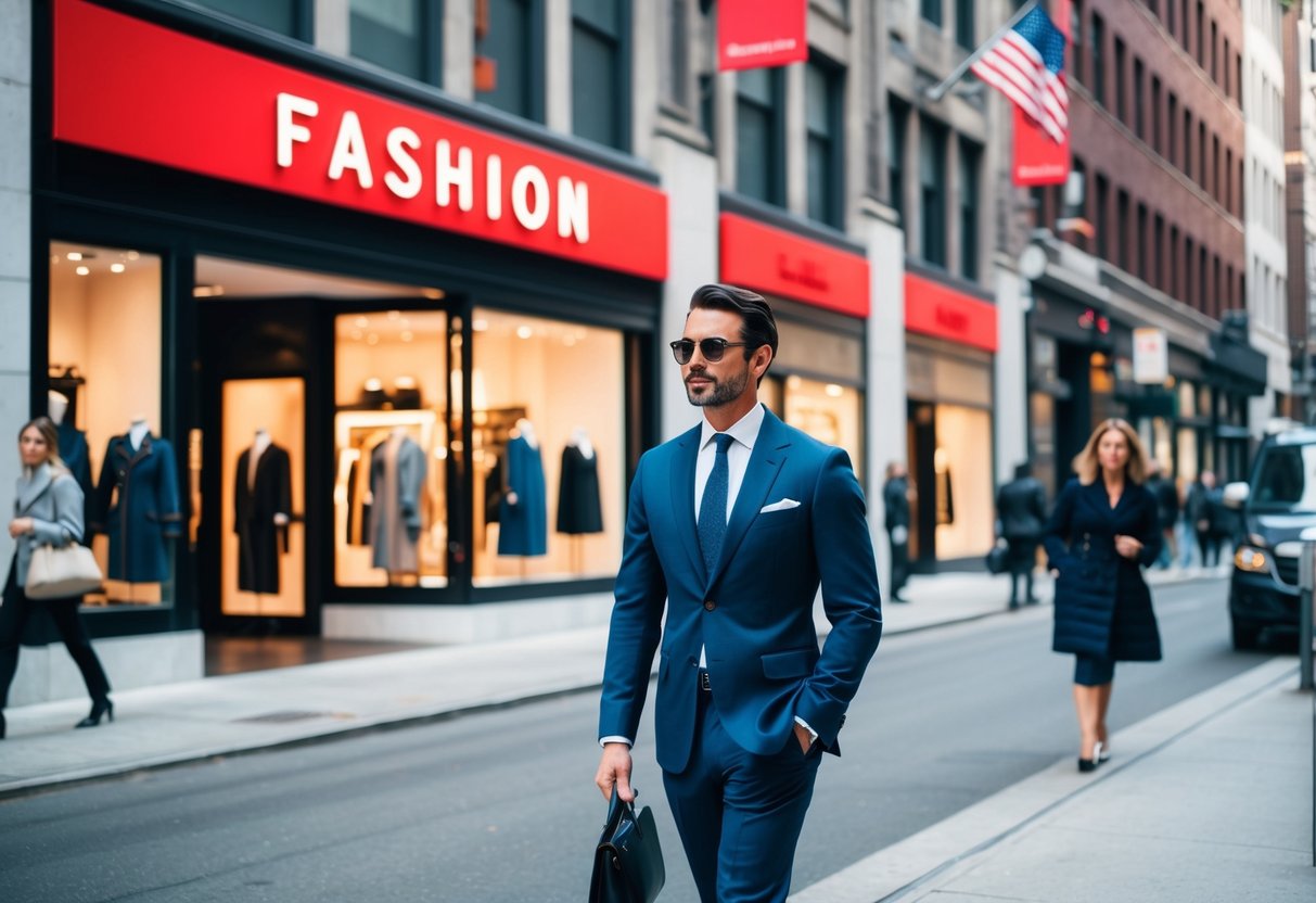 A bustling city street with iconic American fashion brand storefronts and stylishly dressed man