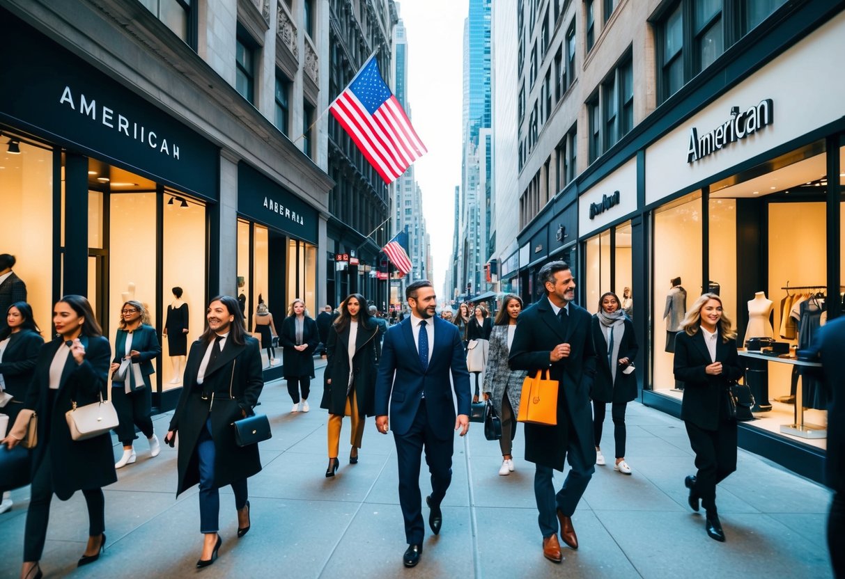 A bustling city street with iconic American fashion brand storefronts, surrounded by stylishly dressed people