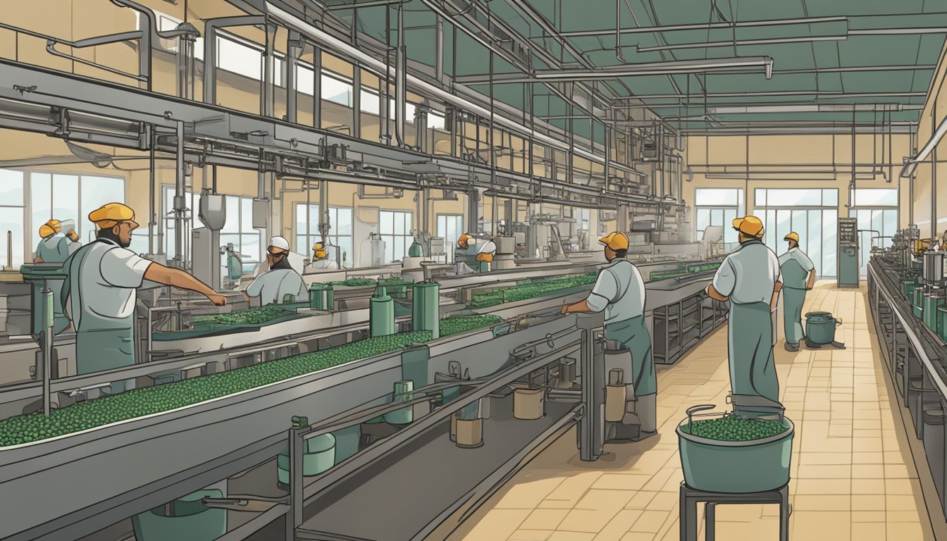 A bustling factory floor with workers and machinery producing bottles of Cutino Sauce Co. The air is filled with the scent of spices and the sound of clinking glass