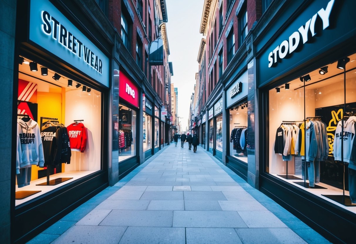 A bustling urban street lined with vibrant storefronts showcasing trendy streetwear brands. Bold logos and colorful displays catch the eye