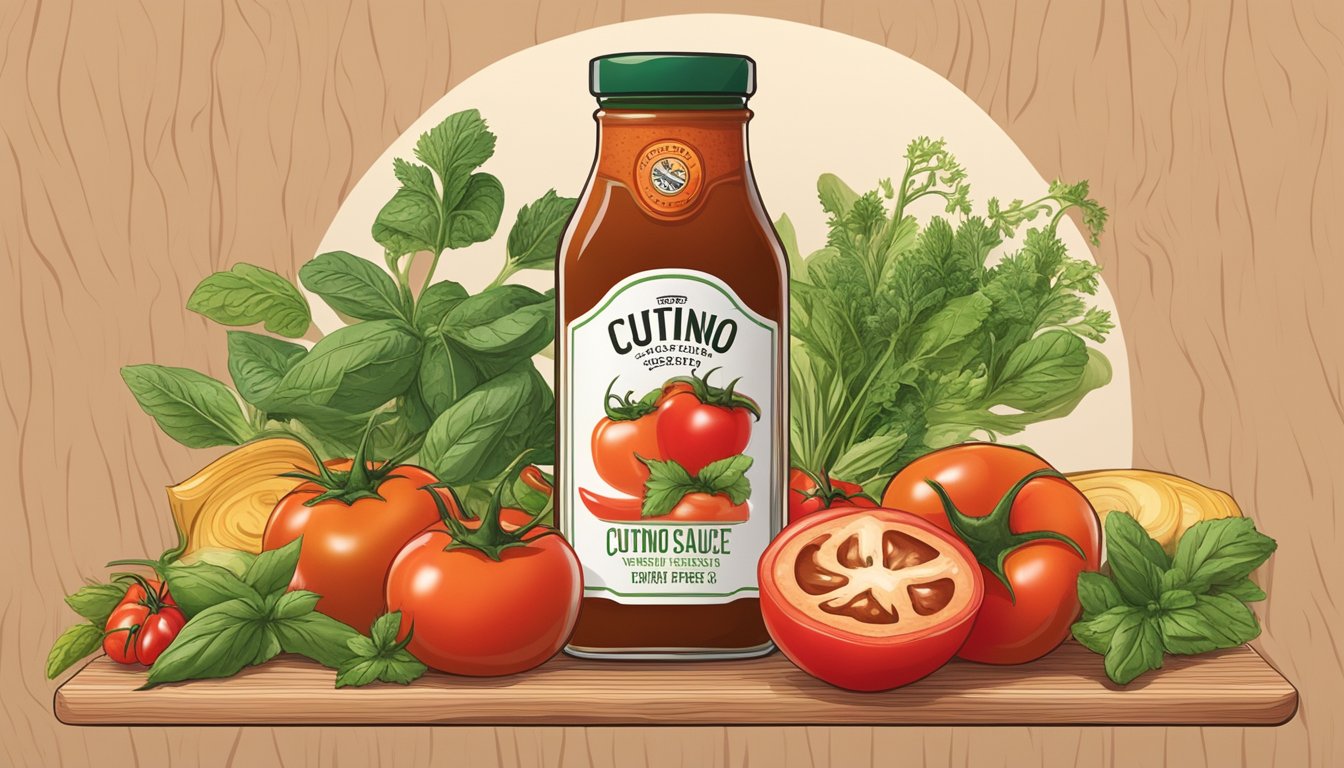 A bottle of Cutino Sauce Co. surrounded by fresh ingredients like tomatoes, peppers, and herbs on a wooden cutting board