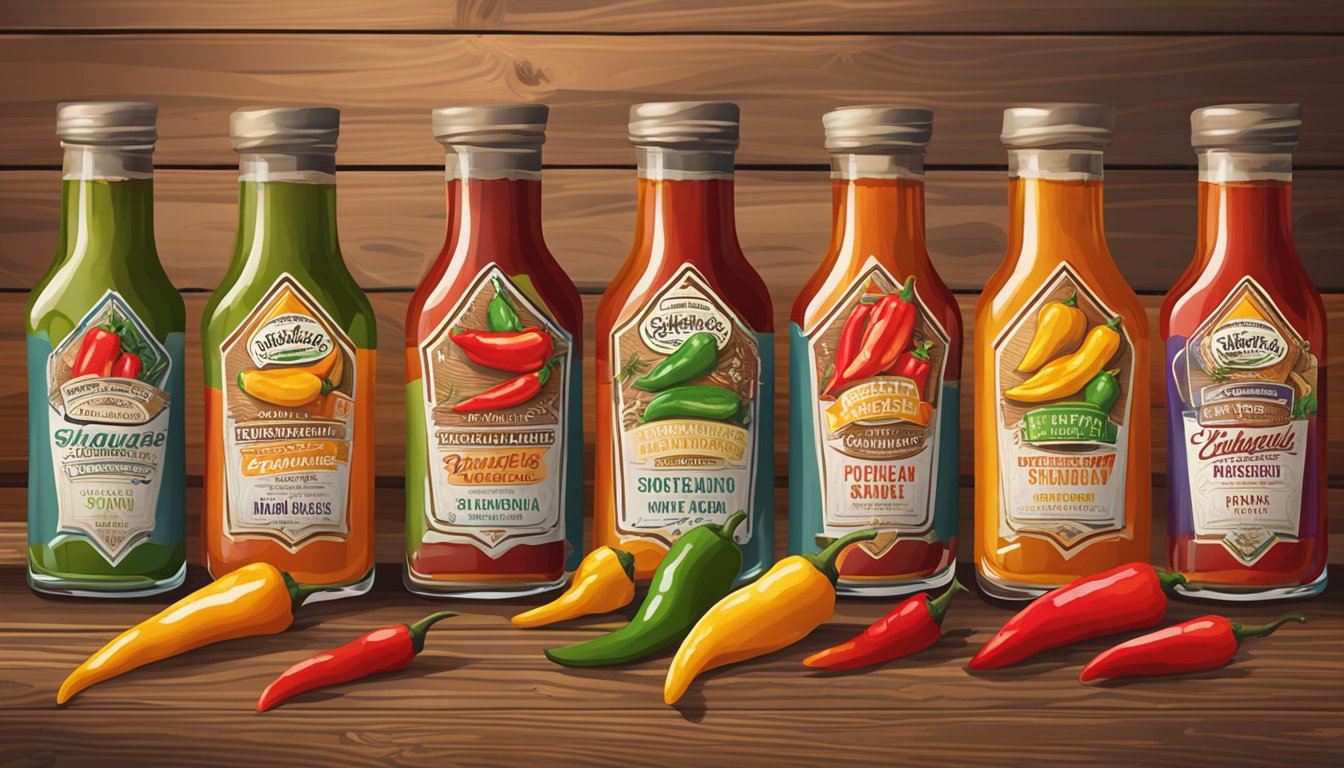 A vibrant array of Shaquanda's Hot Pepper Sauce bottles arranged on a rustic wooden table with colorful peppers and spices scattered around