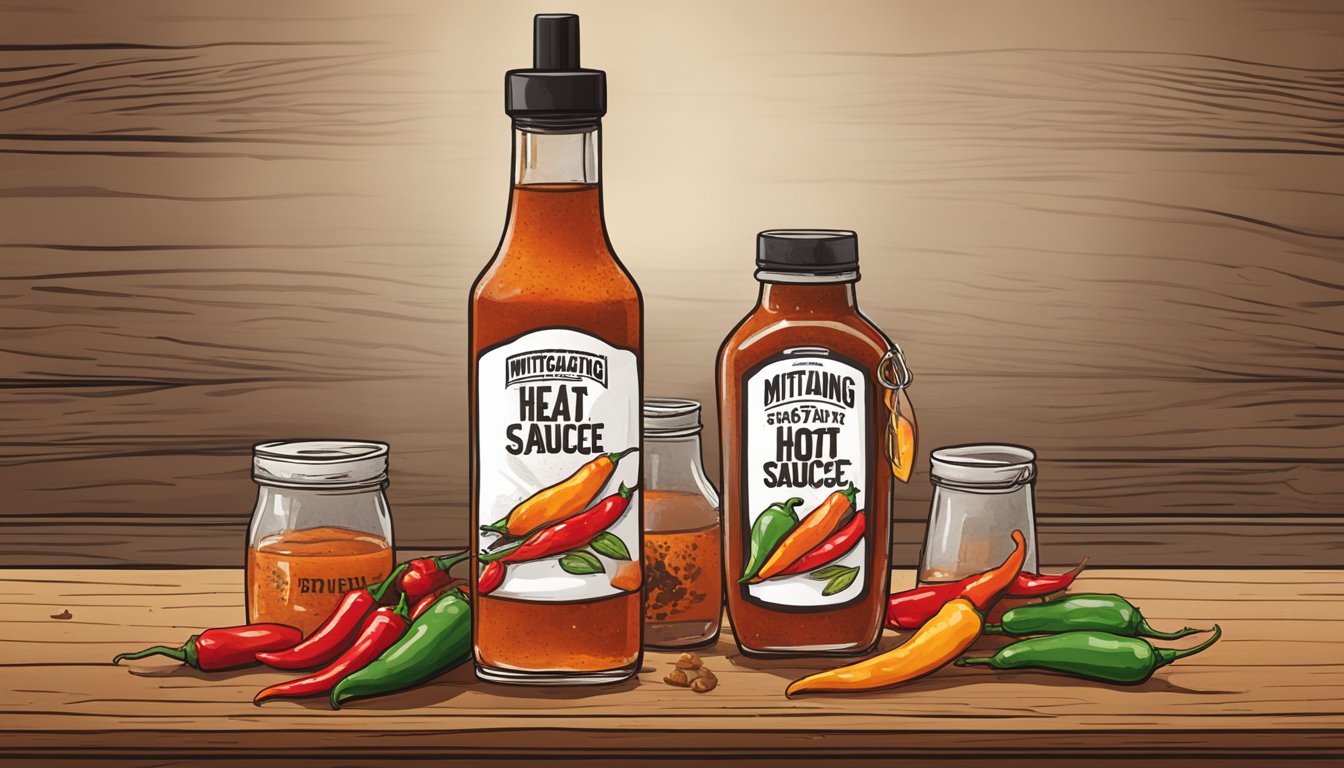 A bottle of Mitigating Heat Burnt & Salty hot sauce sits on a rustic wooden table, surrounded by scattered chili peppers and a drizzle of fiery red sauce