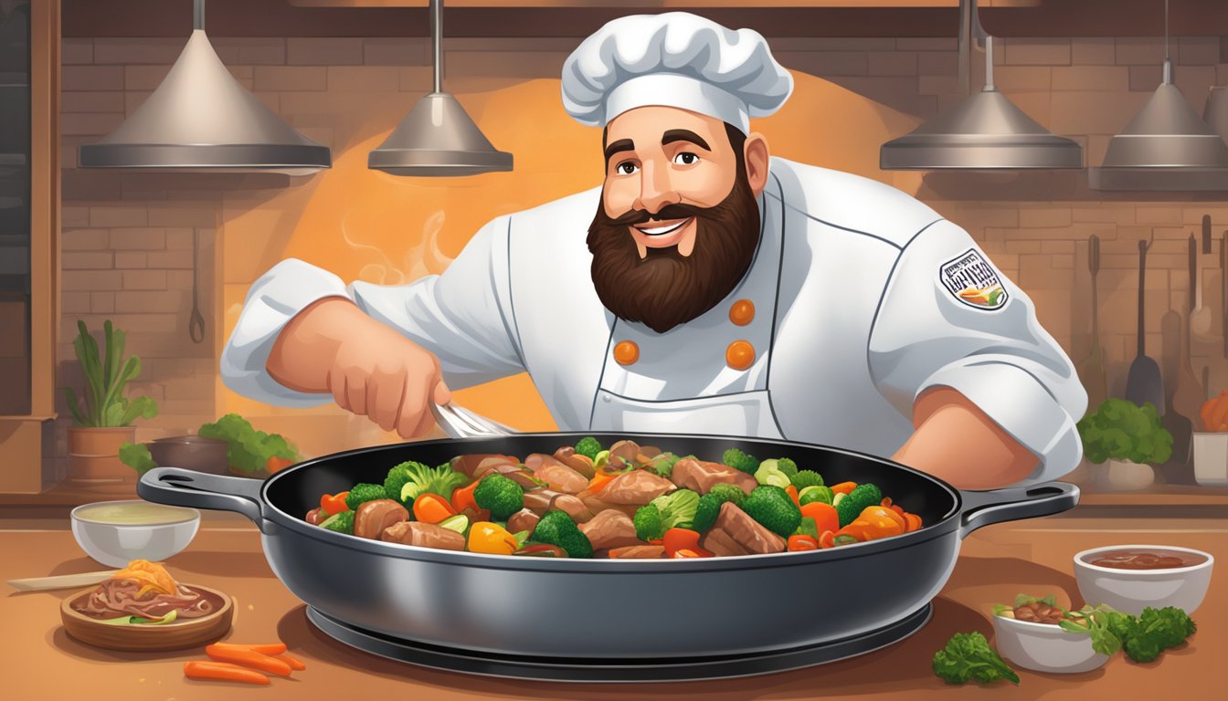 A chef drizzles Cutino Sauce Co. onto a sizzling skillet of vegetables and meat, filling the air with a tantalizing aroma