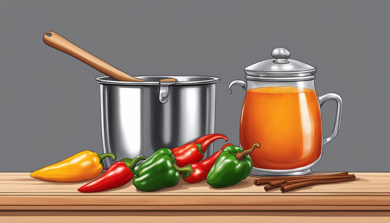 A wooden table with vibrant peppers, vinegar, and spices arranged next to a bubbling pot of hot sauce being carefully stirred by a metal ladle