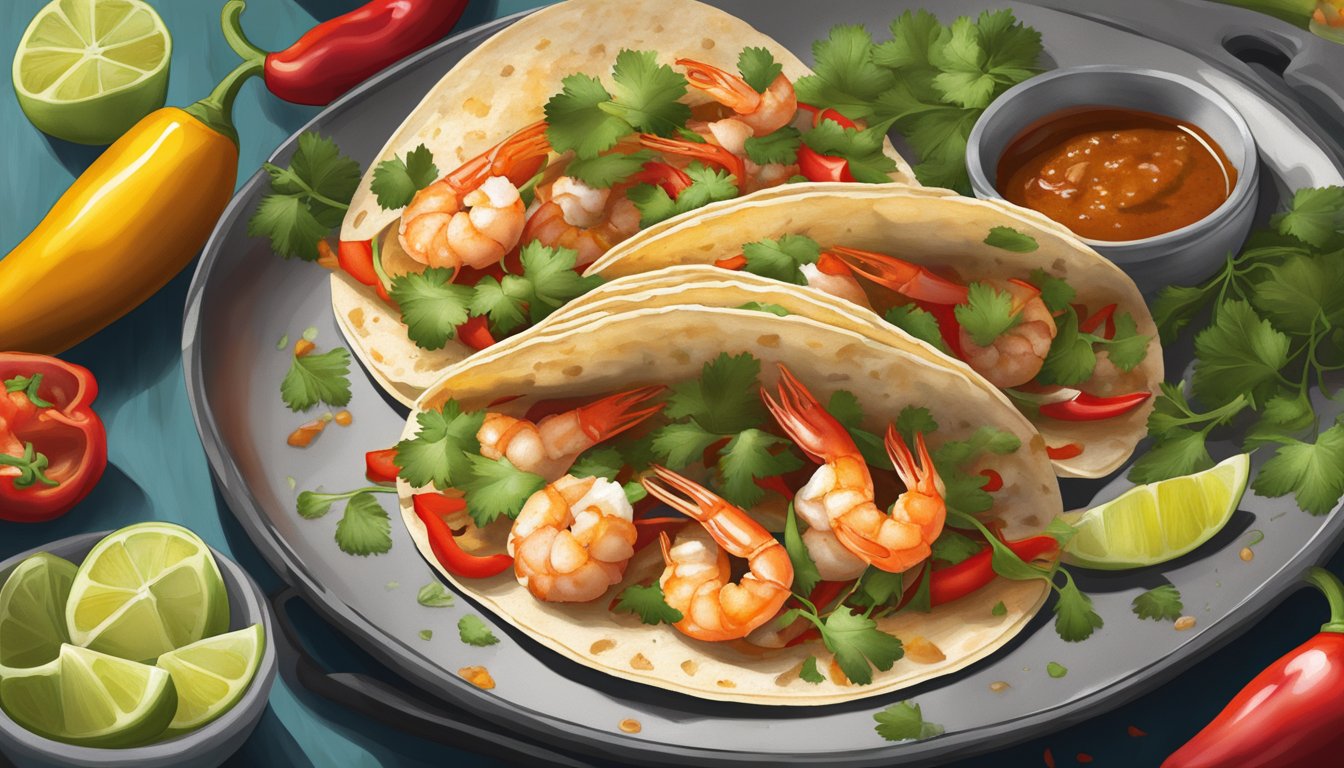 A sizzling skillet of shrimp tacos drizzled with Burnt & Salty hot sauce, surrounded by vibrant peppers and fresh cilantro