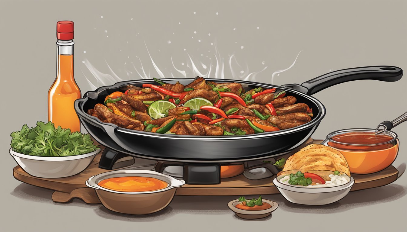 A sizzling skillet with various dishes being drizzled with Shaquanda's Hot Pepper Sauce