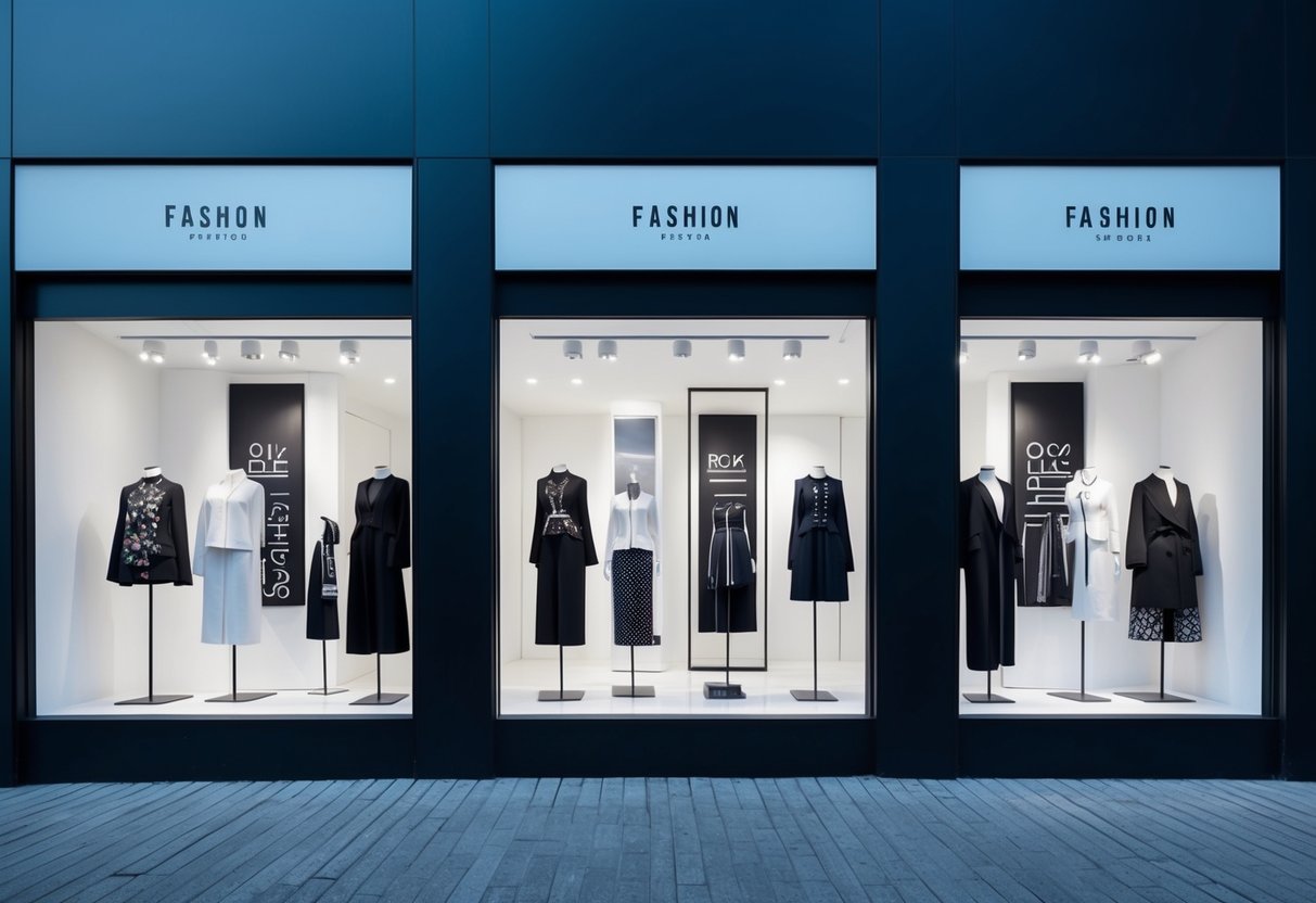 A group of modern, minimalist storefronts with bold, eye-catching signage and sleek window displays showcasing unique fashion designs