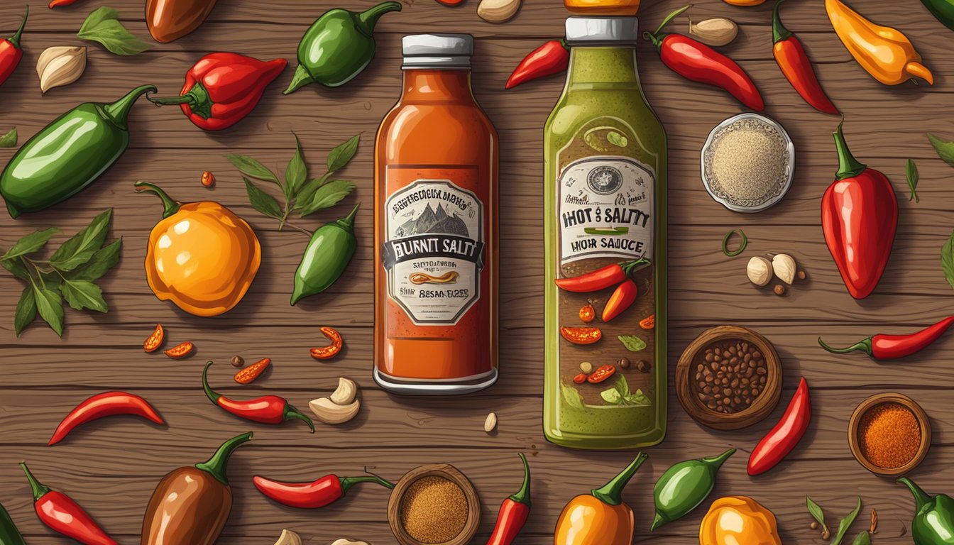 A bottle of Burnt & Salty hot sauce surrounded by various chili peppers and spices on a rustic wooden table