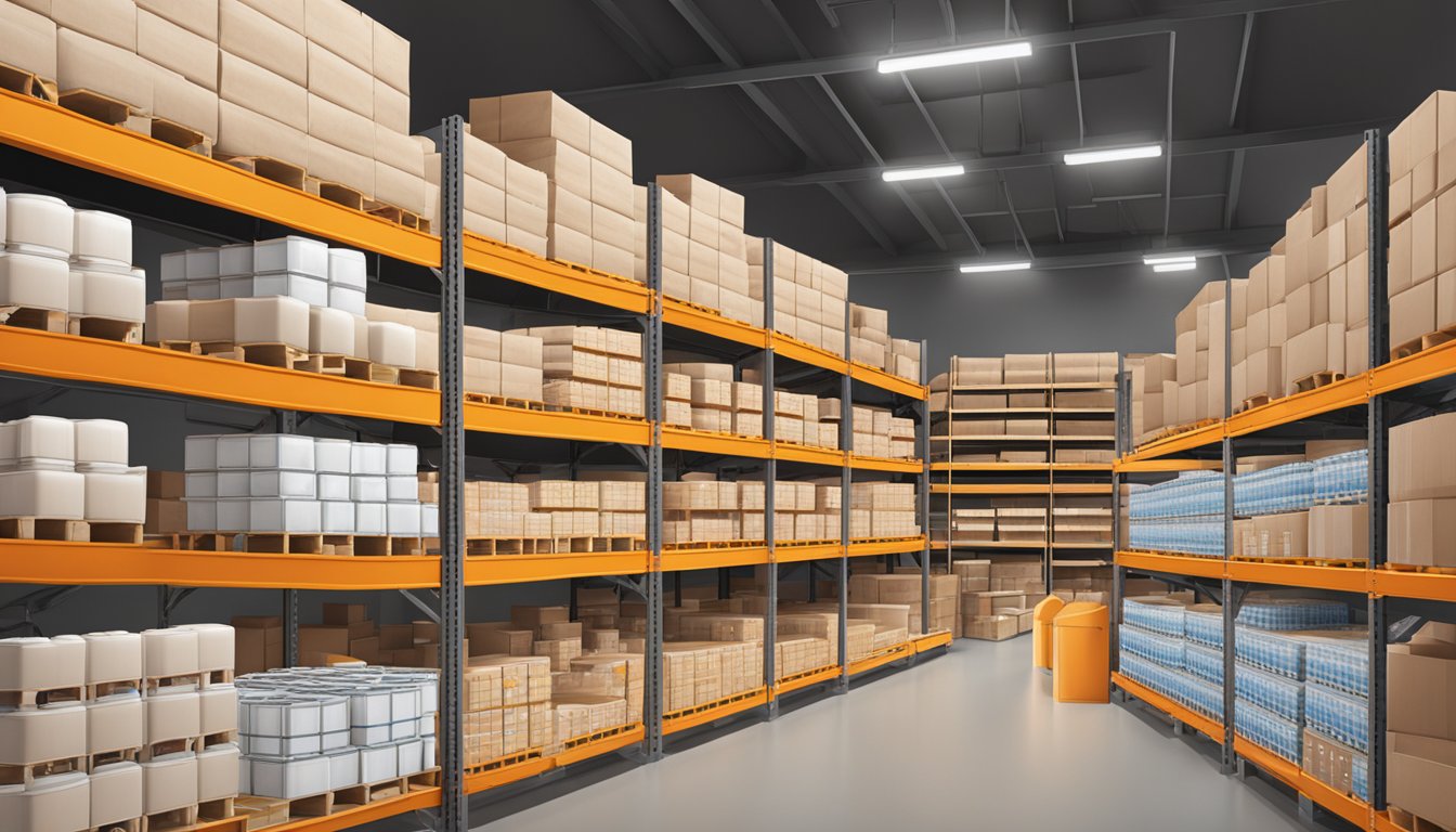 A warehouse with shelves stacked high with boxes of Cutino Sauce Co. products, ready for distribution