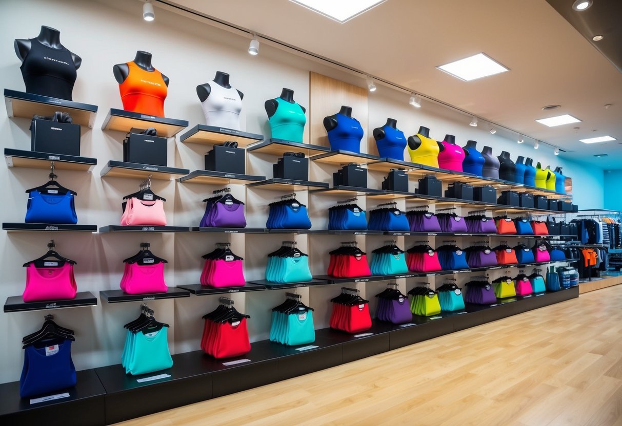 A display of colorful, trendy activewear items arranged neatly on shelves in a bright, modern store