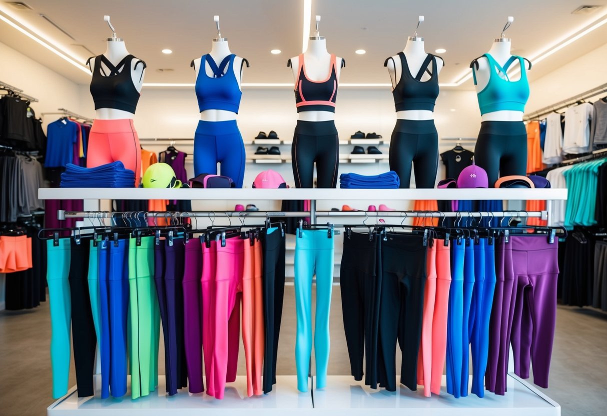 A colorful array of activewear items displayed on racks and shelves in a bright, modern store. Various styles of leggings, sports bras, and tank tops are neatly organized for easy browsing