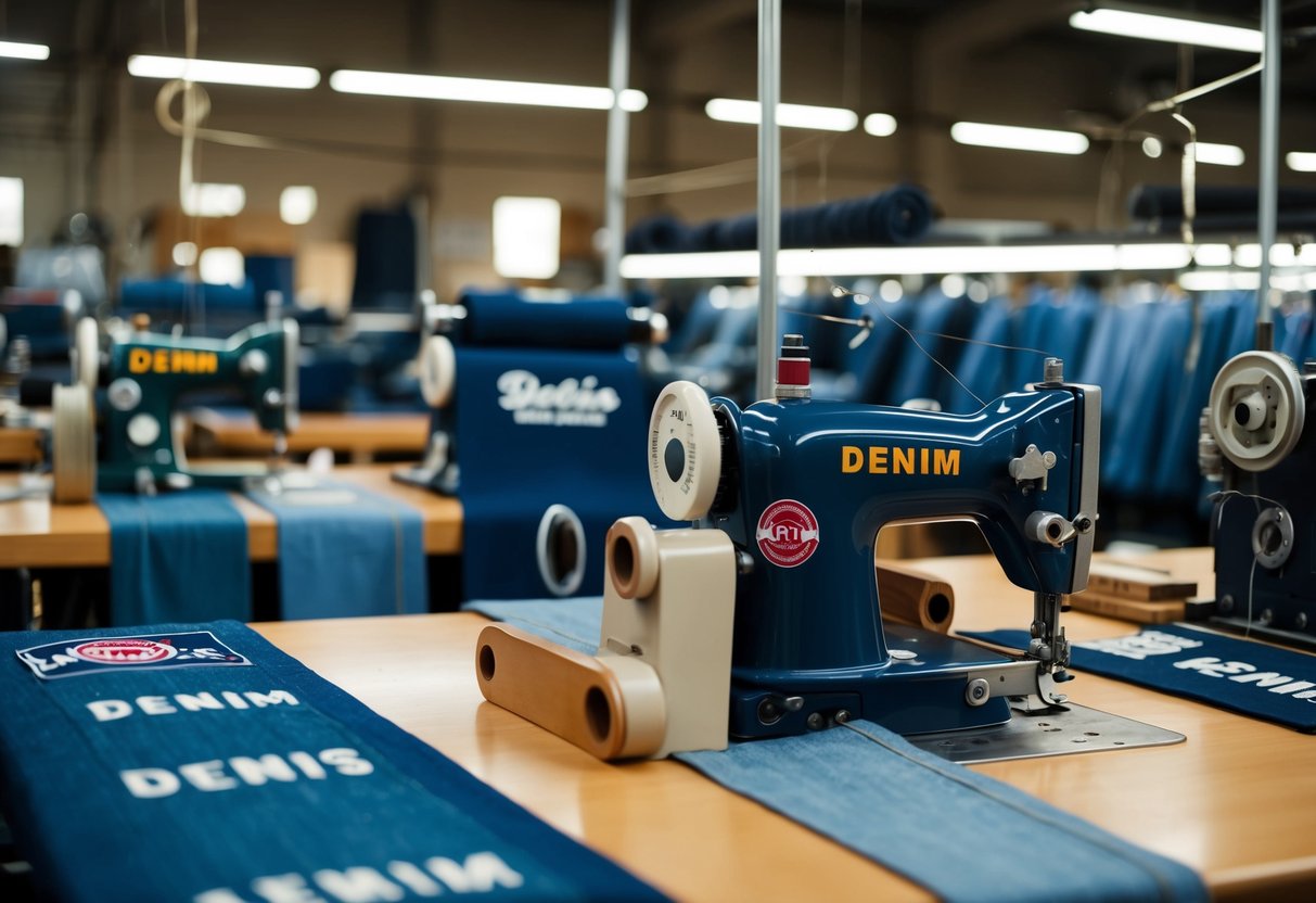 A denim workshop with various top brands' logos on sewing machines and fabric rolls