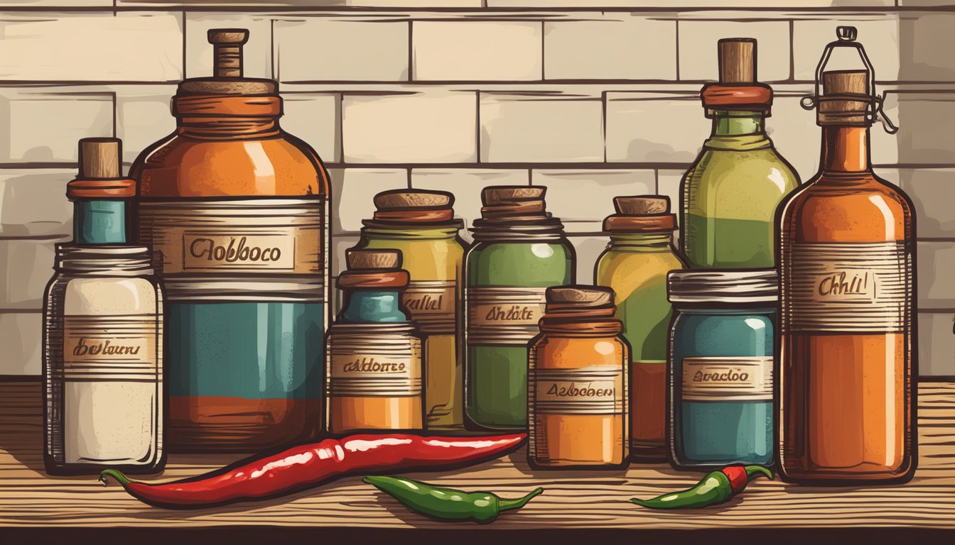 A rustic kitchen with vintage bottles and fresh chili peppers, evoking a sense of tradition and authenticity for Adoboloco hot sauce