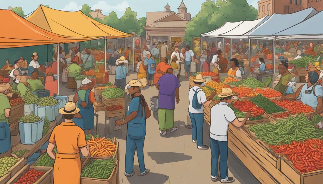 A bustling farmer's market with colorful, exotic peppers, herbs, and spices on display. A vendor proudly showcases bottles of Bigfat's hot sauce, surrounded by eager customers sampling the fiery condiment