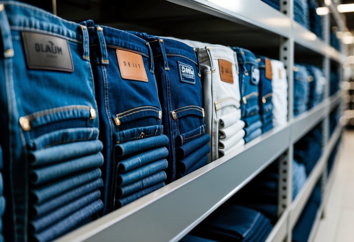 A row of denim jeans stacked on shelves, with various design details and brand logos visible