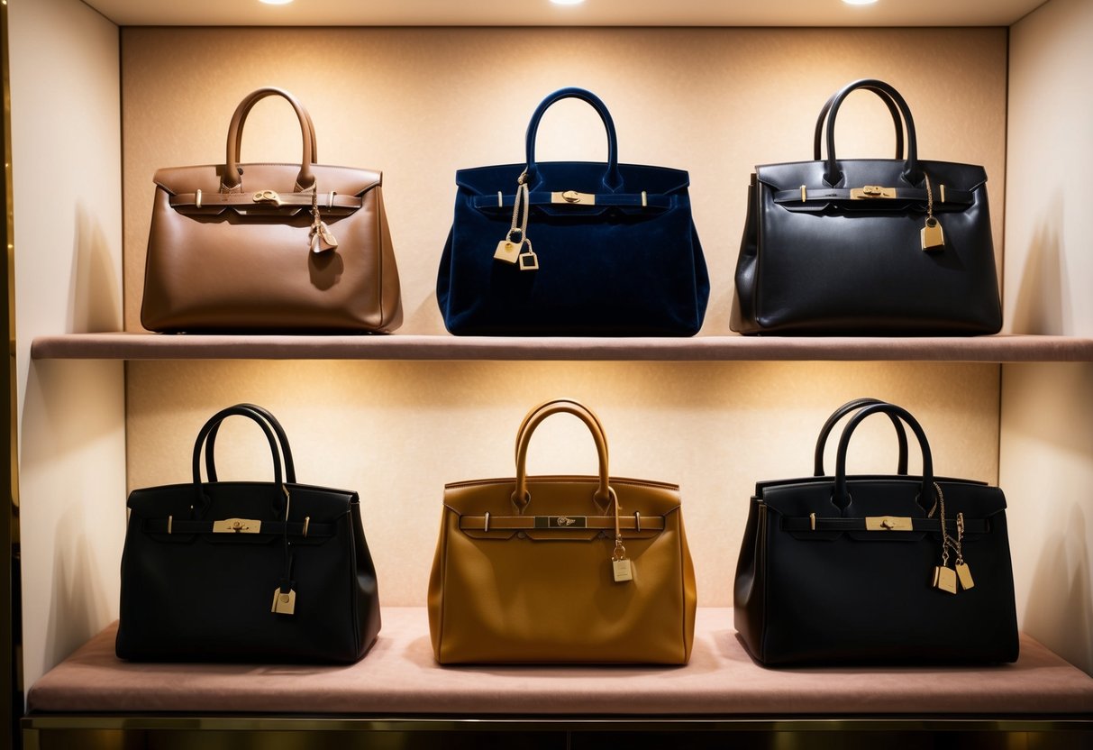 A display of classic luxury handbags arranged on a velvet-lined shelf, with soft lighting highlighting their elegant craftsmanship and iconic designs