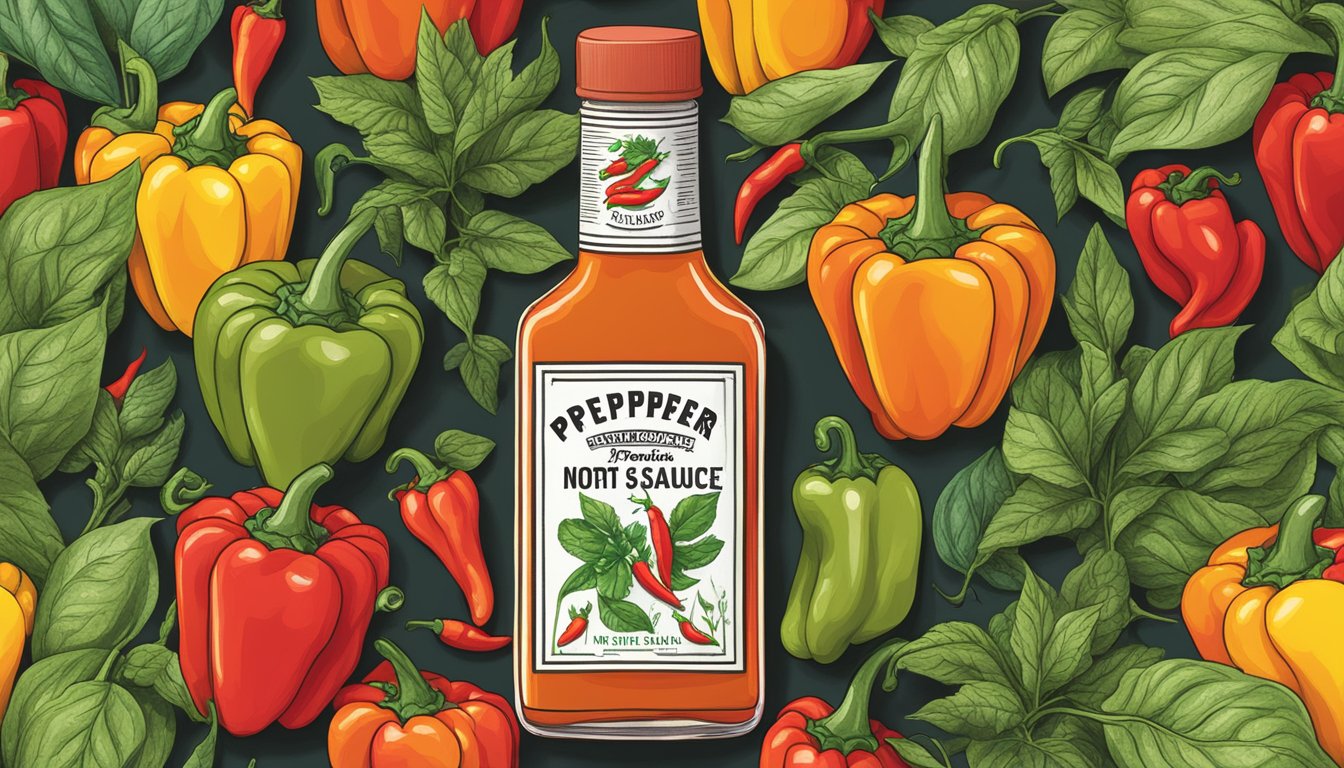 A bottle of Pepper North hot sauce surrounded by vibrant peppers and chili plants