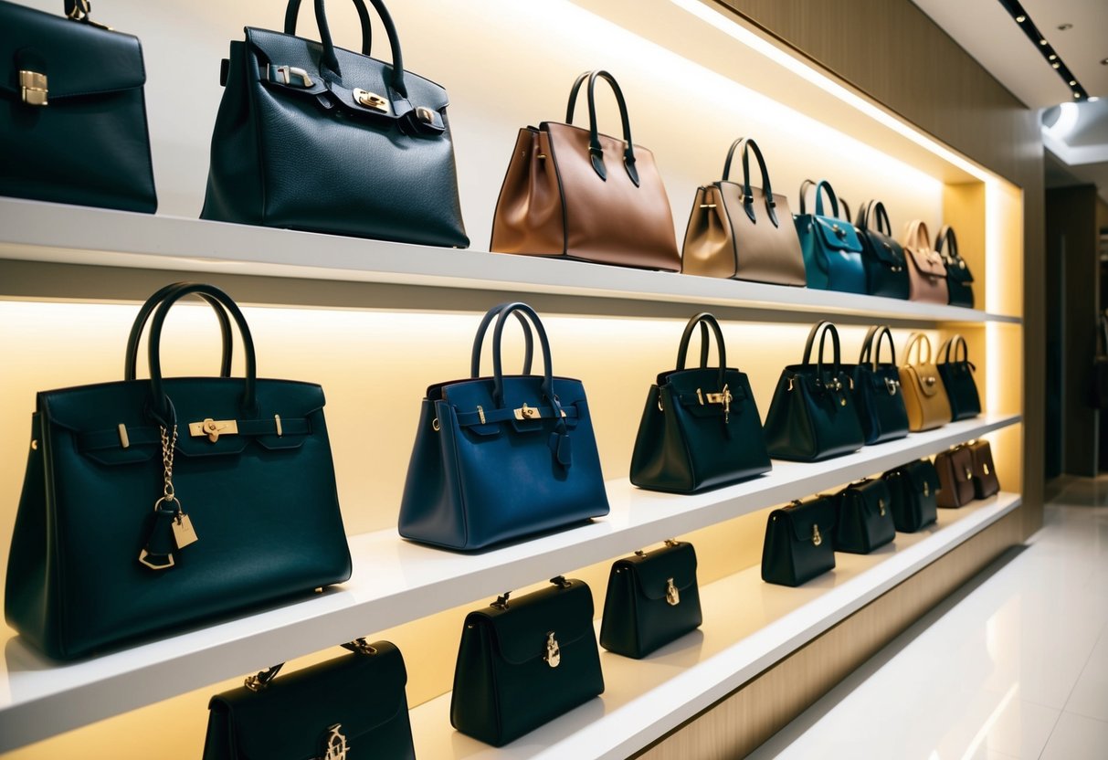 A display of classic luxury handbags from renowned brands, arranged on a sleek, minimalist shelf in a well-lit boutique showroom