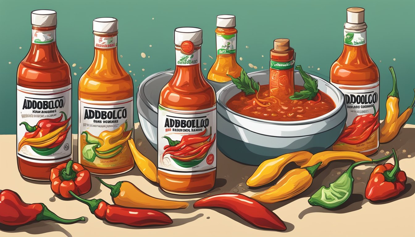 A bottle of Adoboloco hot sauce surrounded by vibrant, fresh chili peppers and a splash of the sauce drizzled on a dish