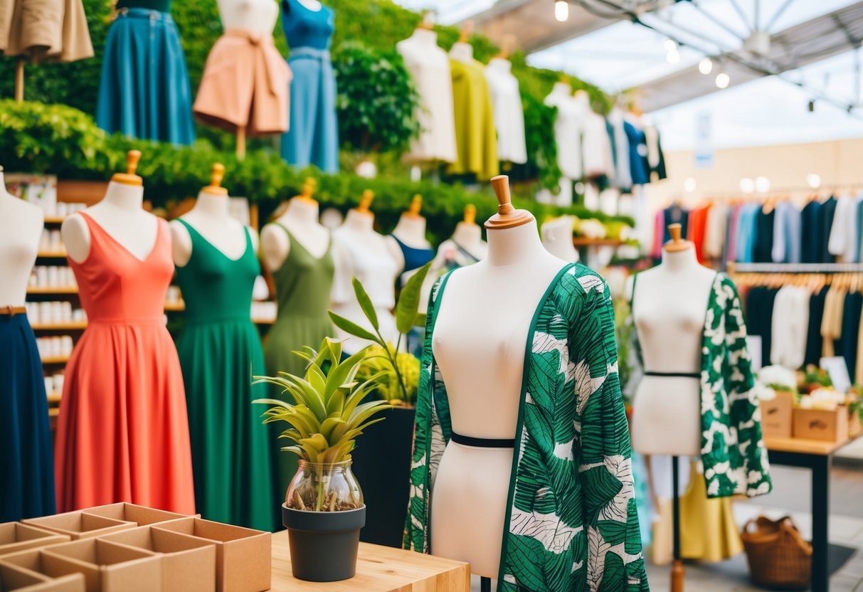 A vibrant marketplace with eco-friendly fashion brands showcasing their sustainable products. Mannequins display stylish clothing made from organic and recycled materials