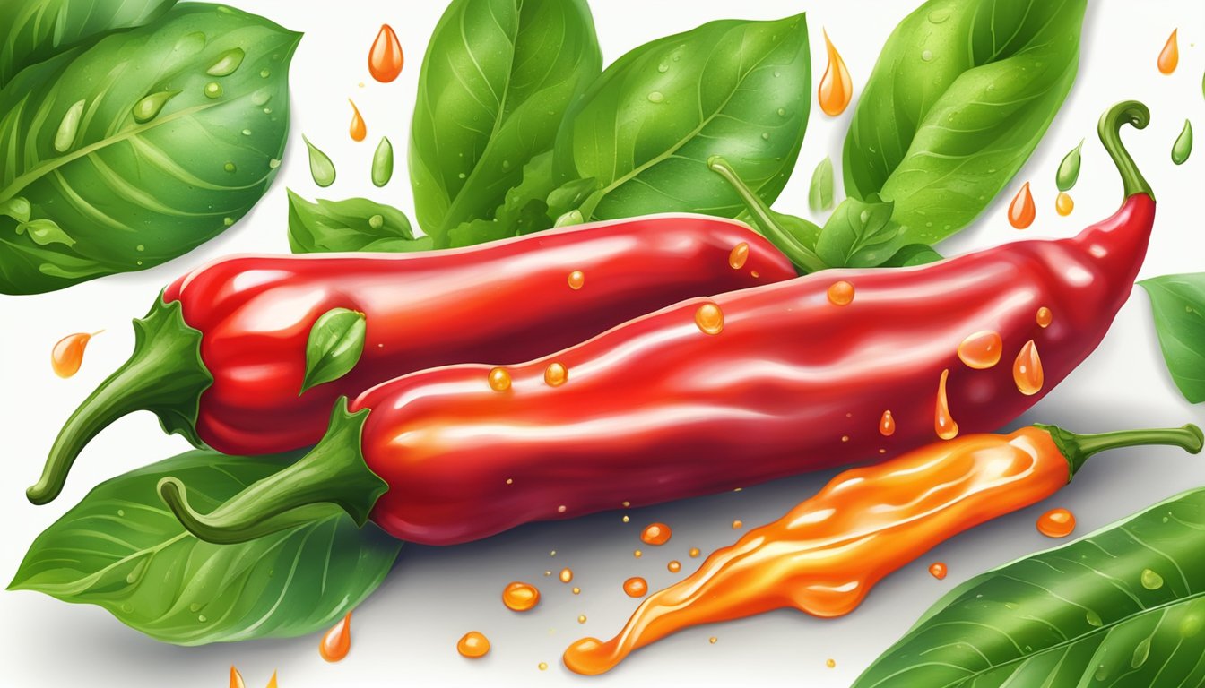 A fiery red chili pepper surrounded by vibrant green leaves, with drops of hot sauce splashing around it