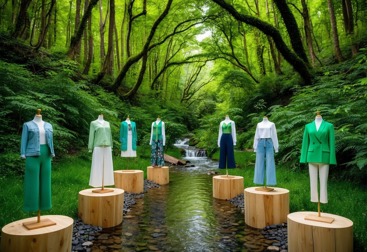 A lush green forest with a clear stream running through it, showcasing various sustainable and eco-friendly fashion items displayed on natural wooden platforms