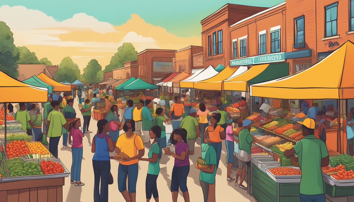 A vibrant farmers market with diverse vendors and customers sampling Adoboloco hot sauce