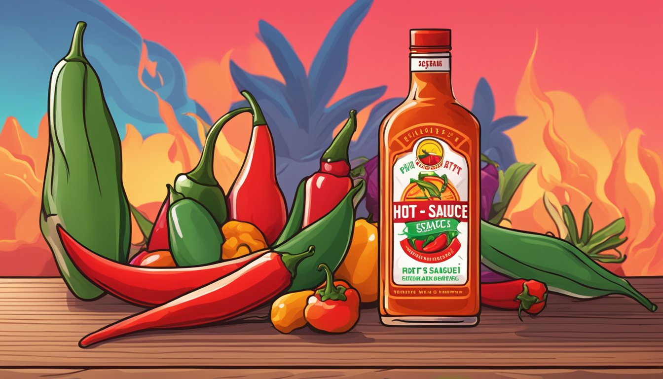 A bottle of Bigfat's hot sauce sits on a wooden table with a phone nearby, surrounded by vibrant chili peppers and a fiery red backdrop