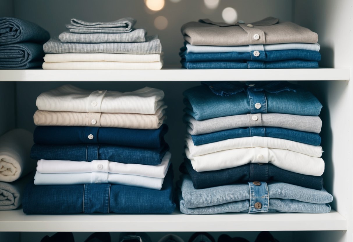 A neatly organized wardrobe with neatly folded t-shirts, jeans, and socks in various neutral colors