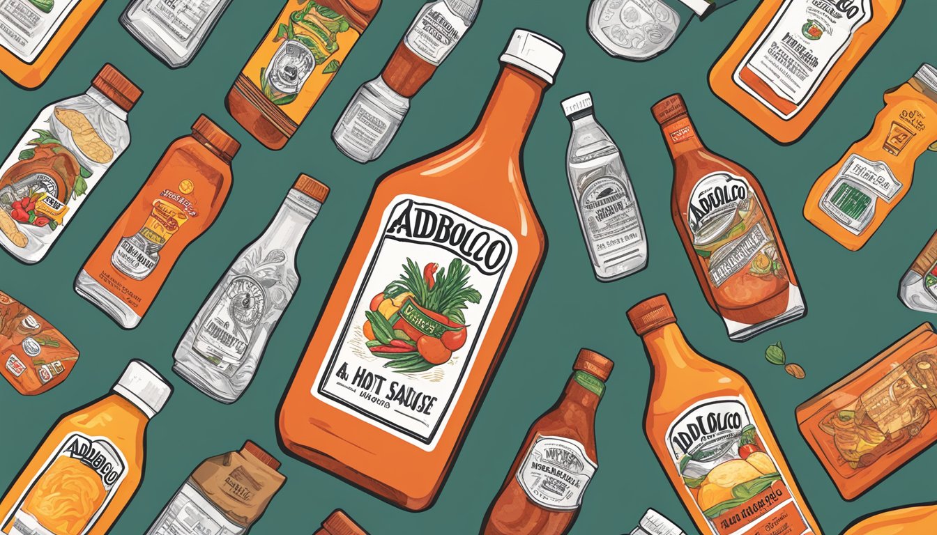 A bottle of Adoboloco hot sauce surrounded by various purchasing options such as online, in-store, and delivery