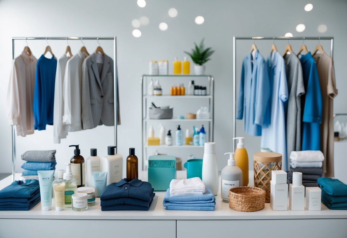 A neatly organized display of various everyday basic items, such as clothing, toiletries, and household products, arranged in a clean and modern setting