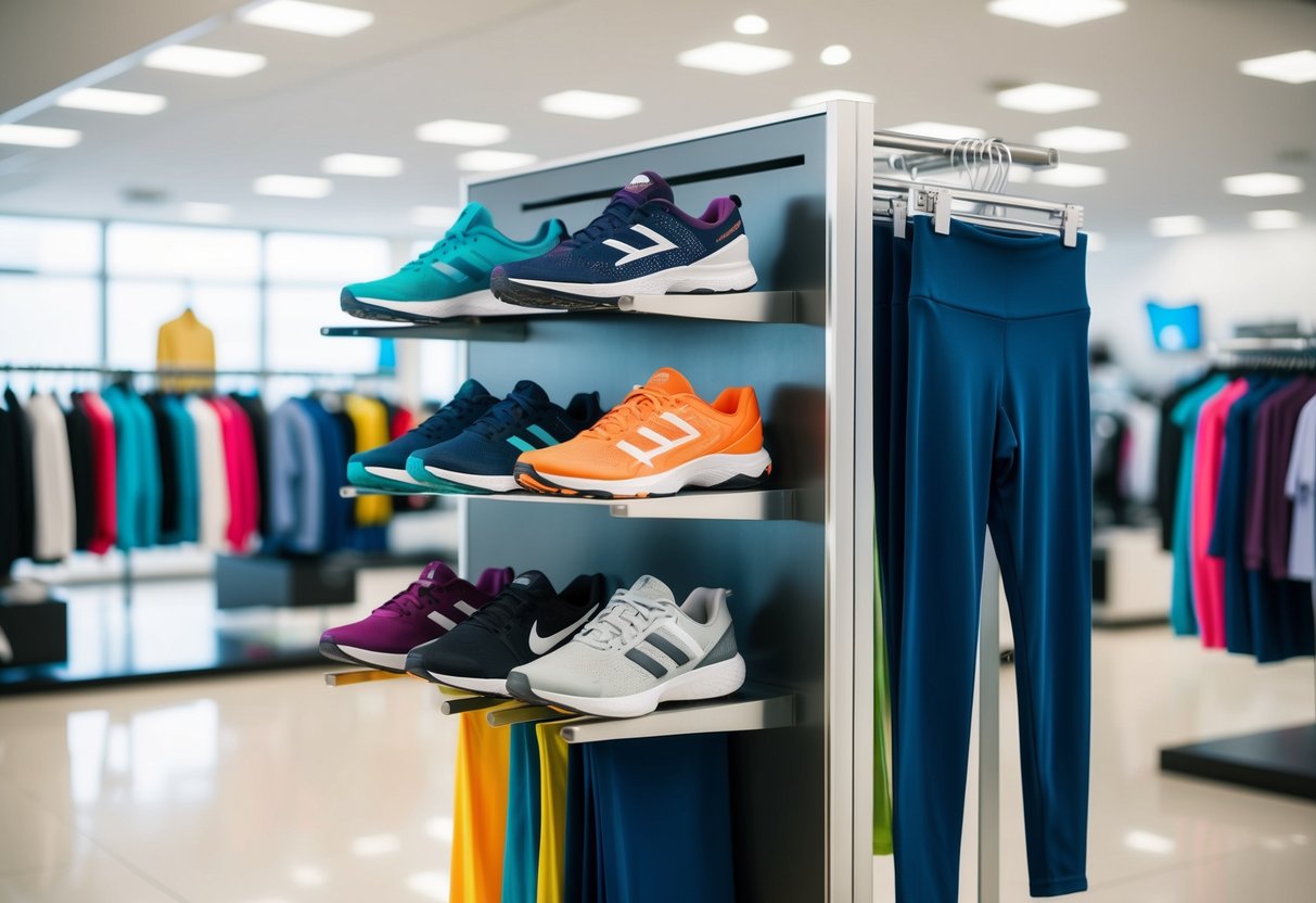 A group of athletic shoes, t-shirts, and leggings arranged on a modern display rack in a bright, spacious retail store